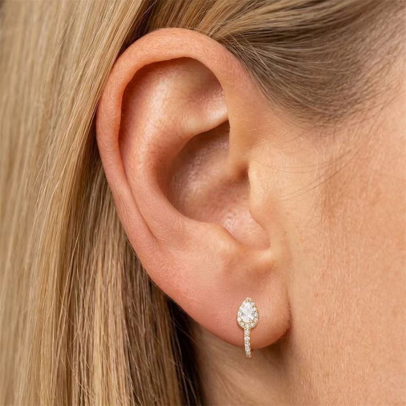 Monoboucle D'oreille Dorée Goutte Zircon Argent