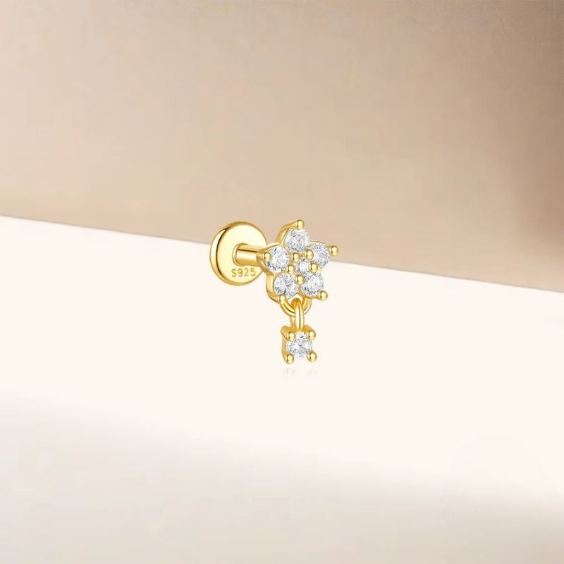 Monoboucle D'oreille Fleur Zircon Suspendu - Argent