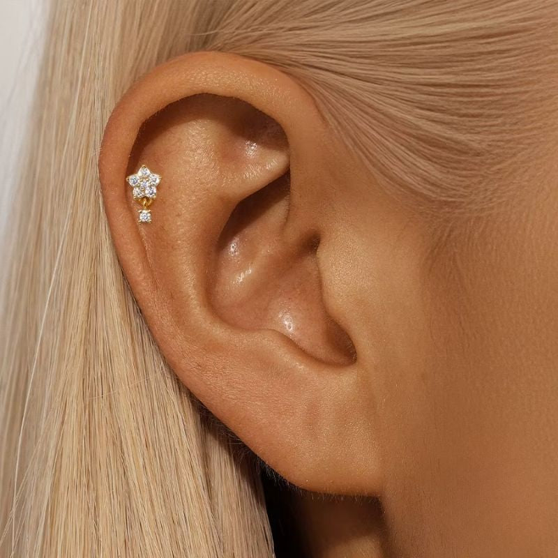 Monoboucle D'oreille Fleur Zircon Suspendu - Argent
