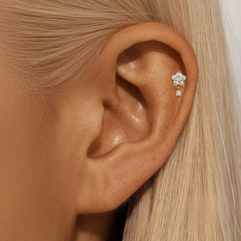 Monoboucle D'oreille Fleur Zircon Suspendu - Argent