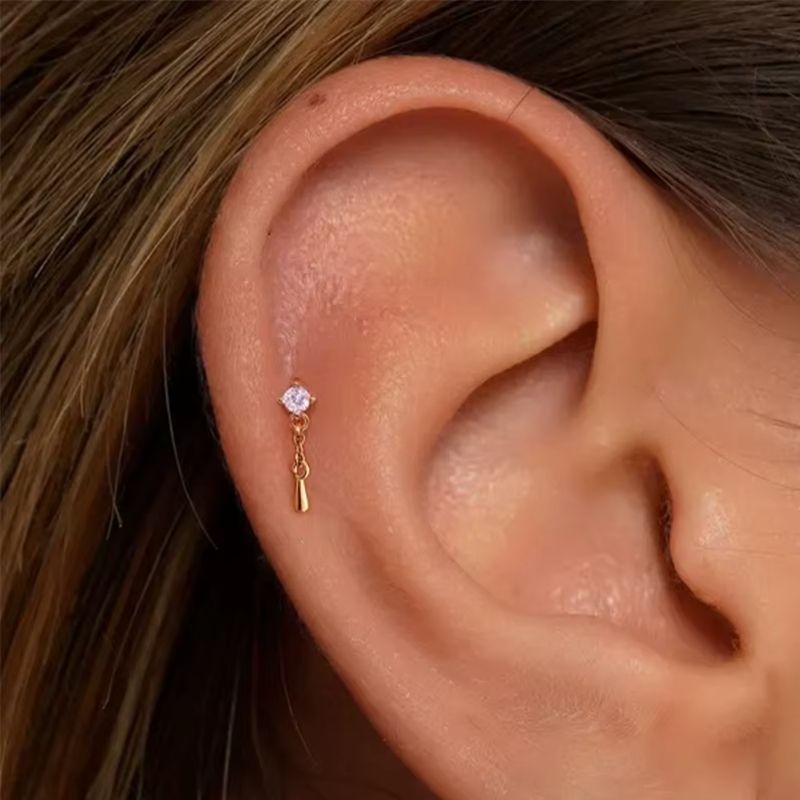 Monoboucle D'oreille Goutte Pendante Dorée - Zircon Argent