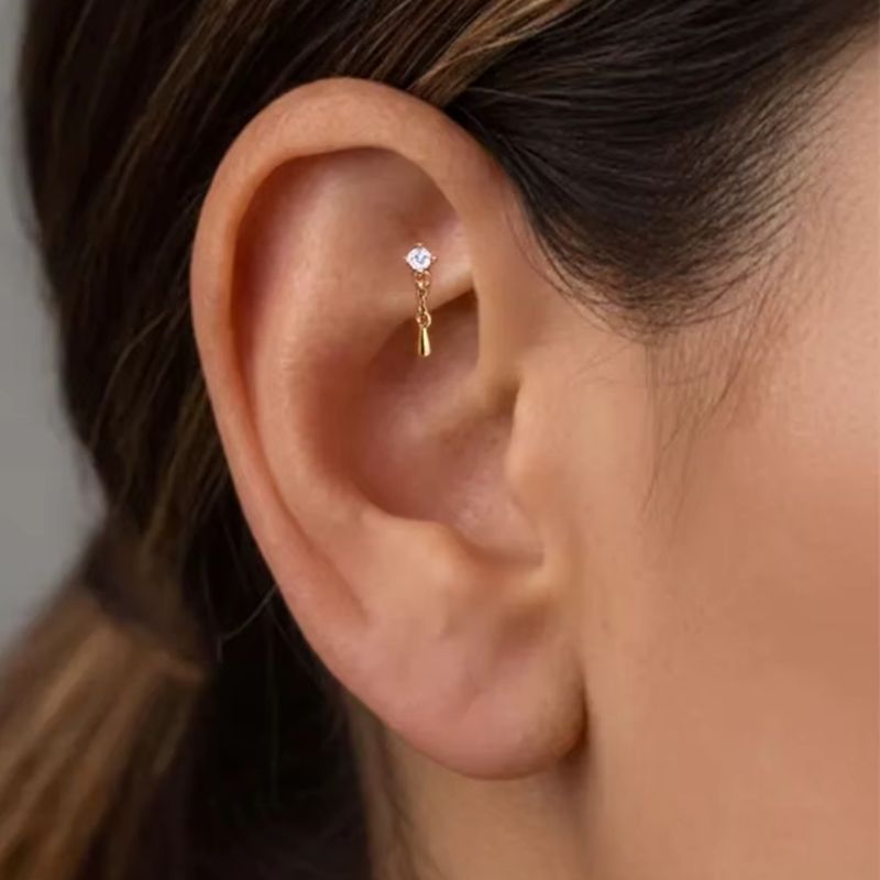 Monoboucle D'oreille Goutte Pendante Dorée - Zircon Argent