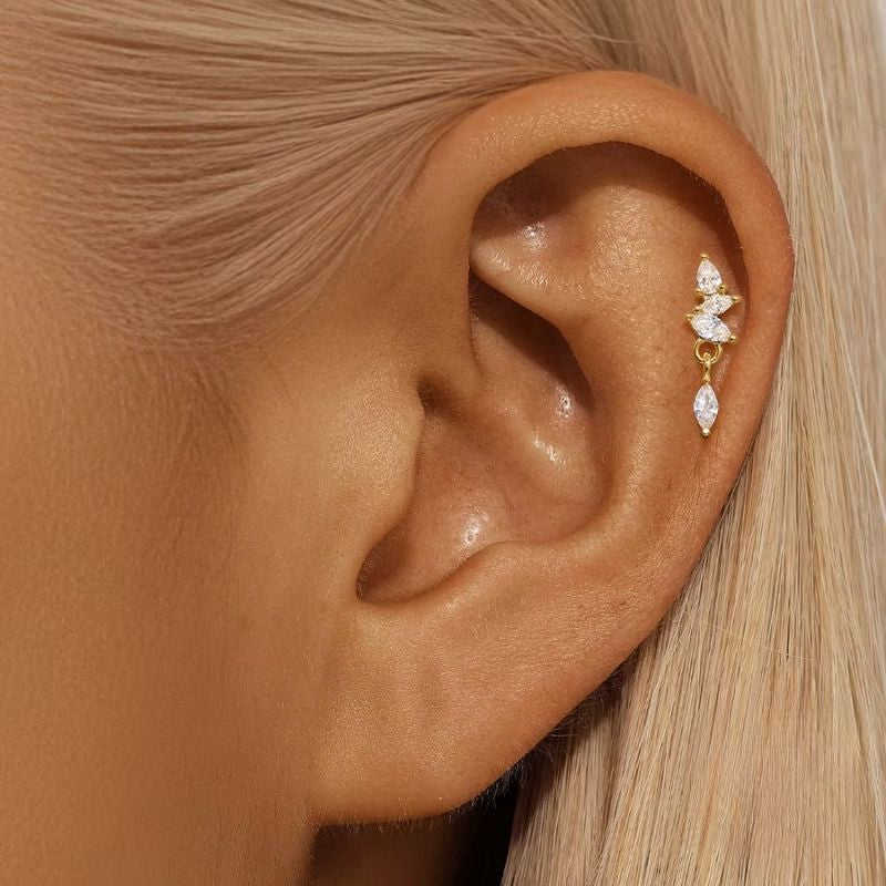 Monoboucle D'oreille Zircon Cascade Dorée - Argent