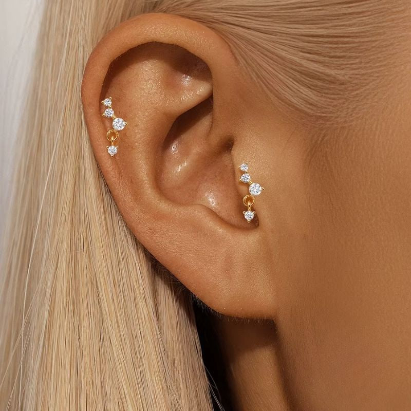 Monoboucle D'oreille Zircon Suspendus Dorés - Argent